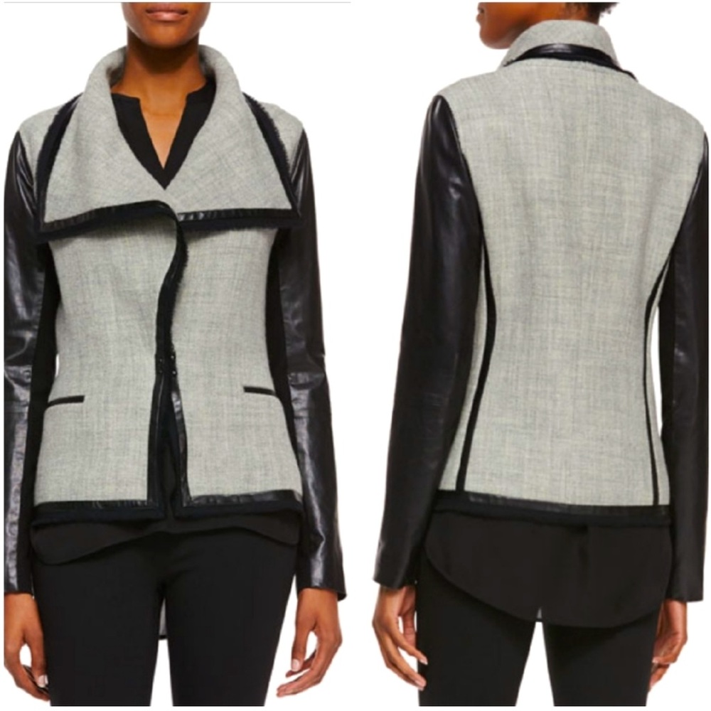 Vince Leather-Sleeve Wool-Blend Boucle Jacket